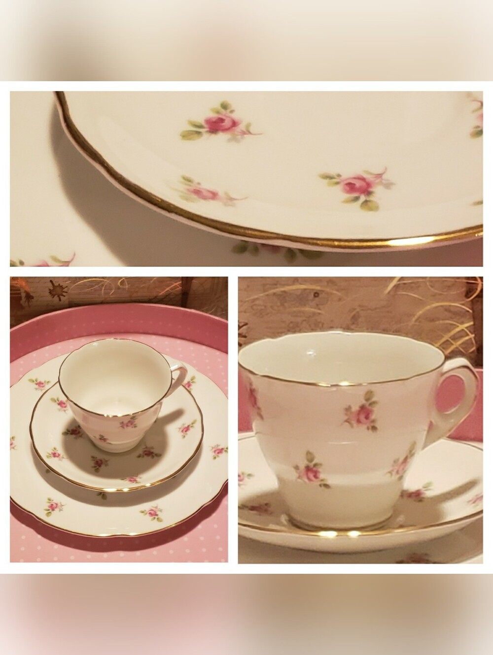 Vintage Royal Kent Pink Rose Gold-Trim Porcelain Tea Cup & Saucer Set